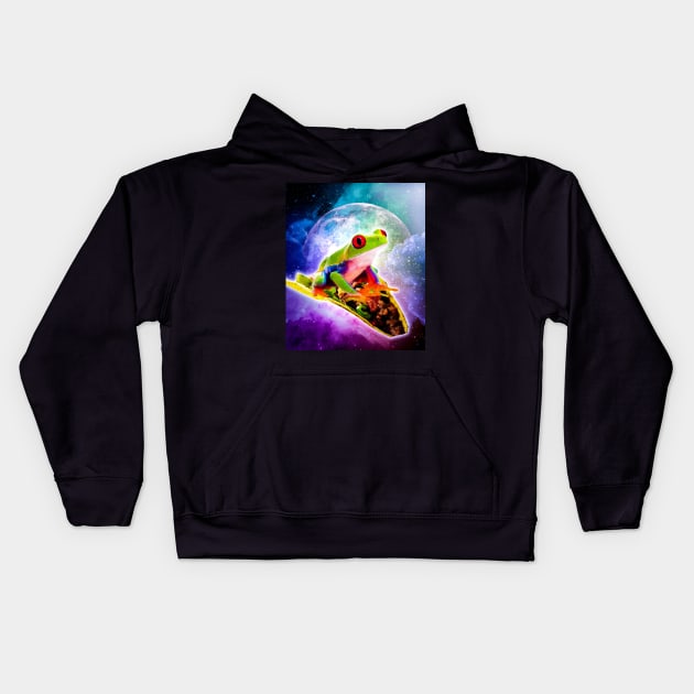 Red Eye Tree Frog Riding Taco In Space Kids Hoodie by Random Galaxy